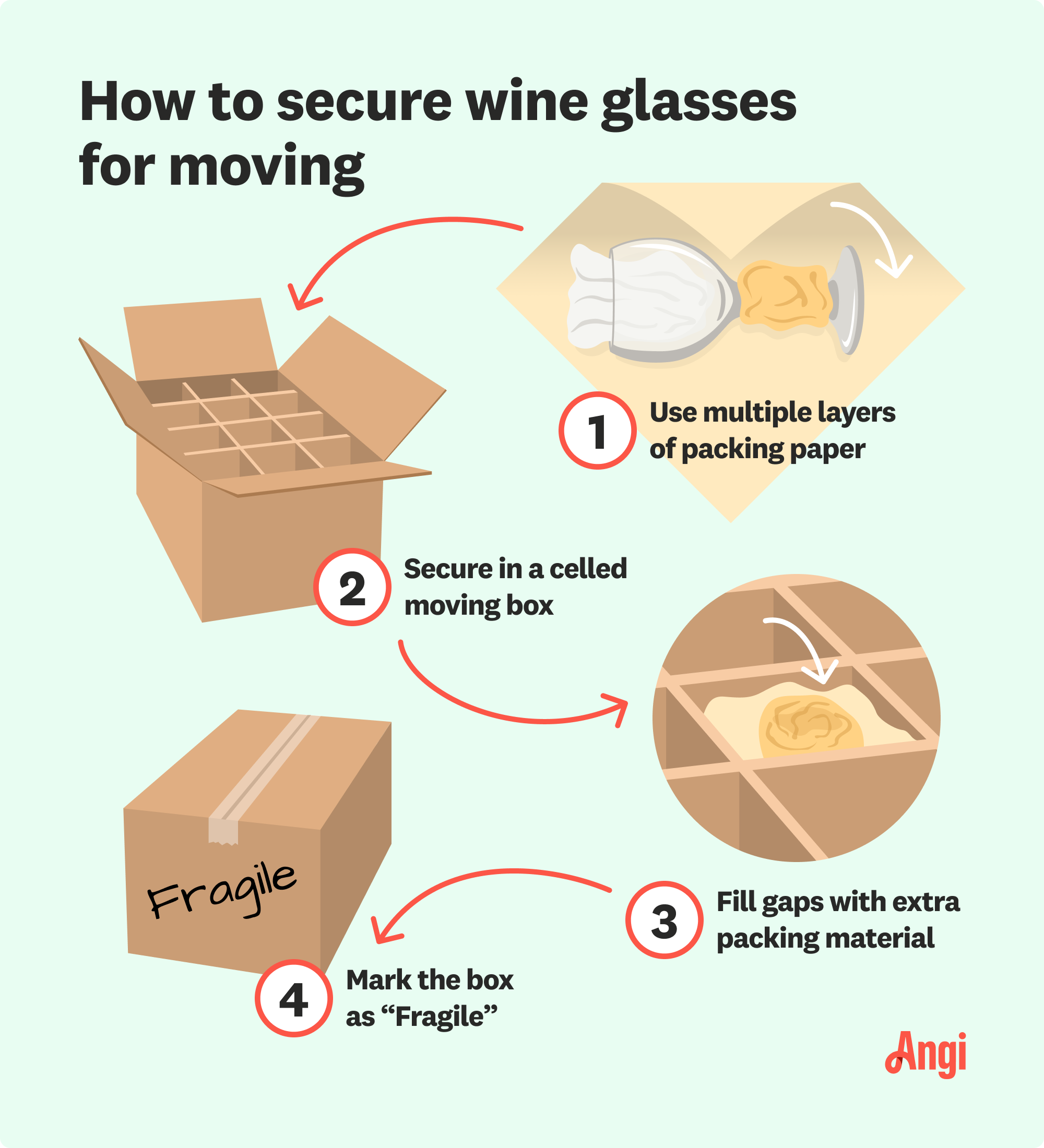 How to secure wine glasses for moving illustrated, including wrapping with multiple layers of packing paper