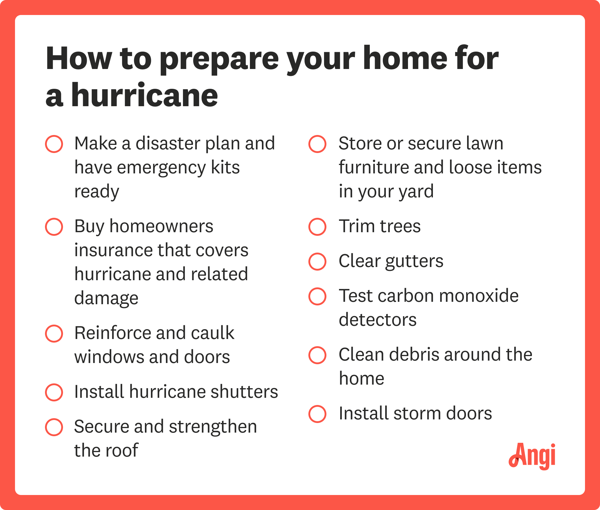 Hurricane home preparation checklist, including installing hurricane shutters and trimming trees