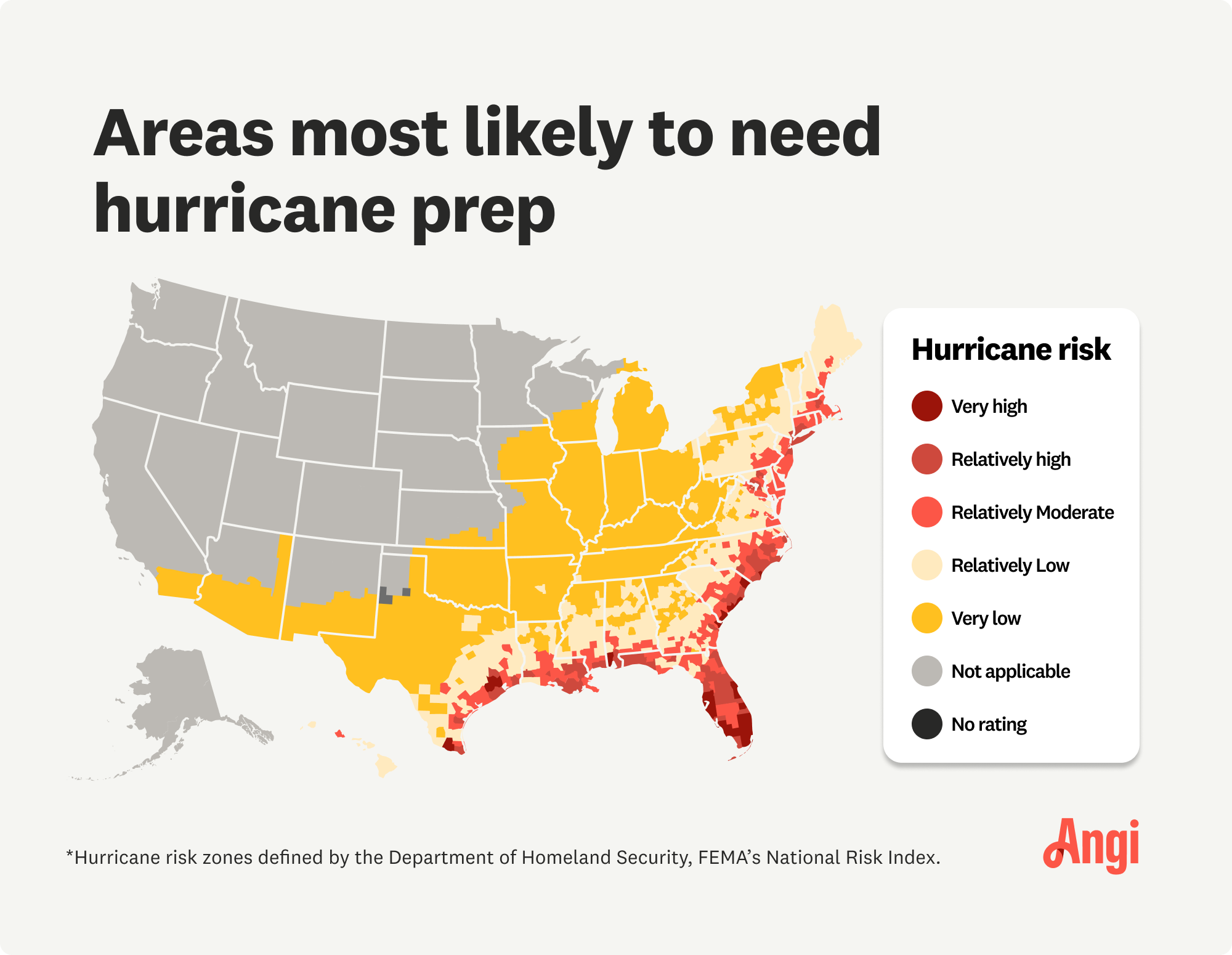 Hurricane risk map of the United States of America, including what areas are most likely to need hurricane prep