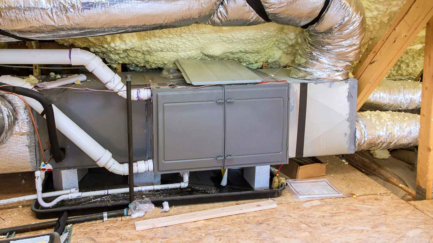 Residential HVAC duct system showing plenum box