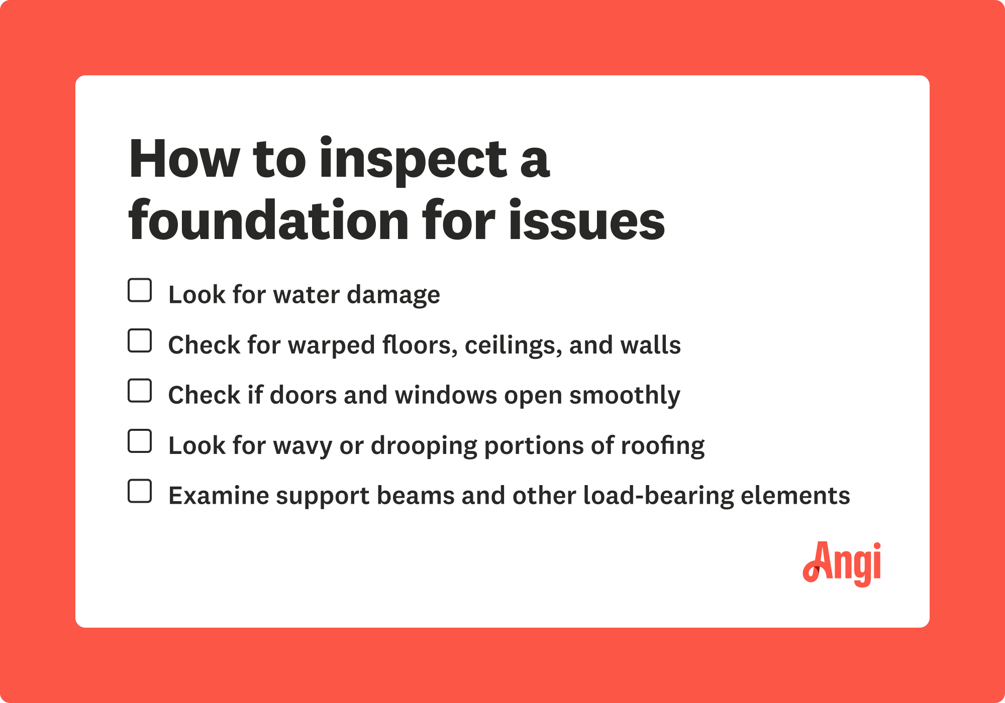 5 ways to inspect a foundation for issues, including looking for water damage and checking for warped floors, ceilings, and walls