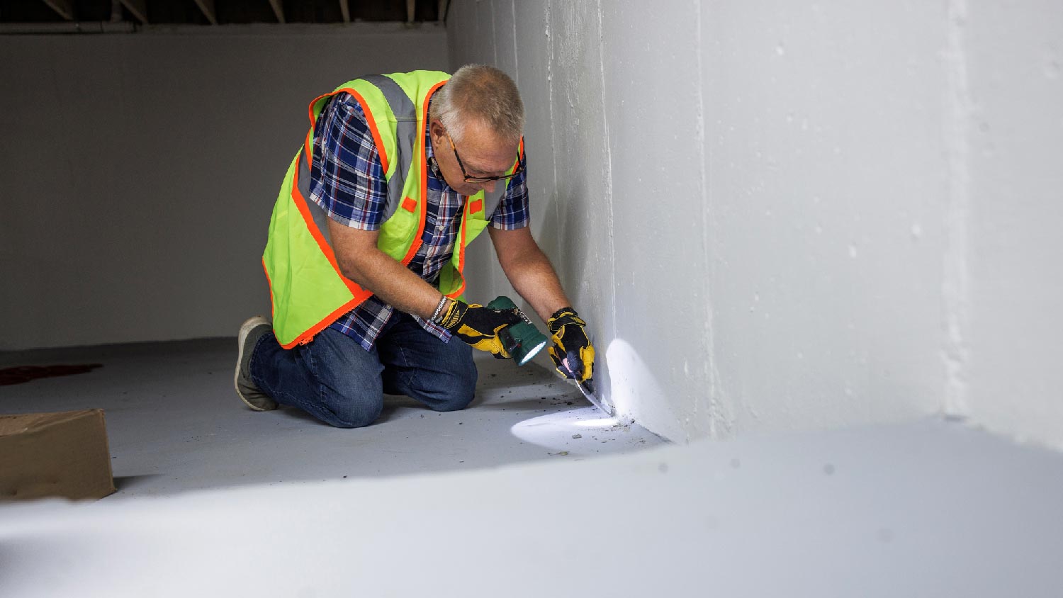 An inspector checking for mold in the basement