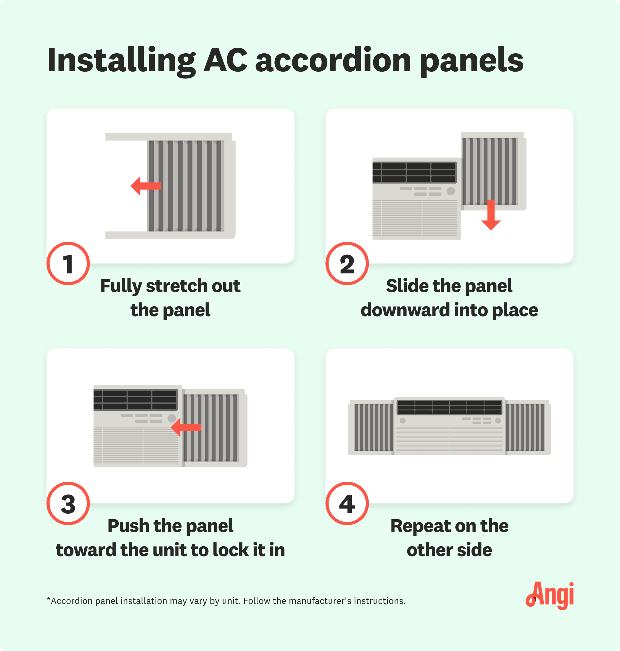 4 steps to installing accordion panels illustrated, including sliding the panel downward on the AC unit