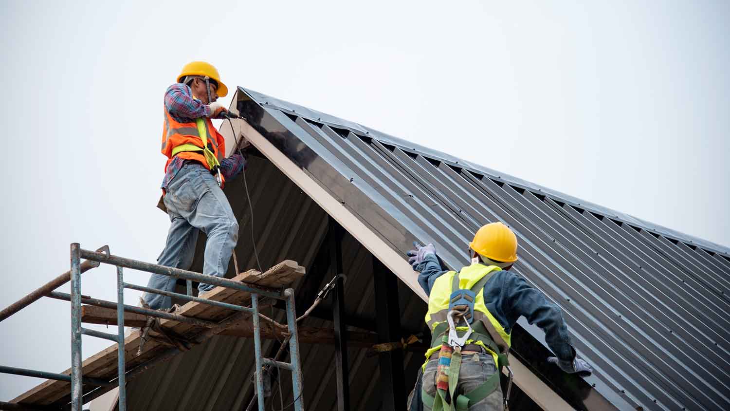 professional roofers installing new metal roof