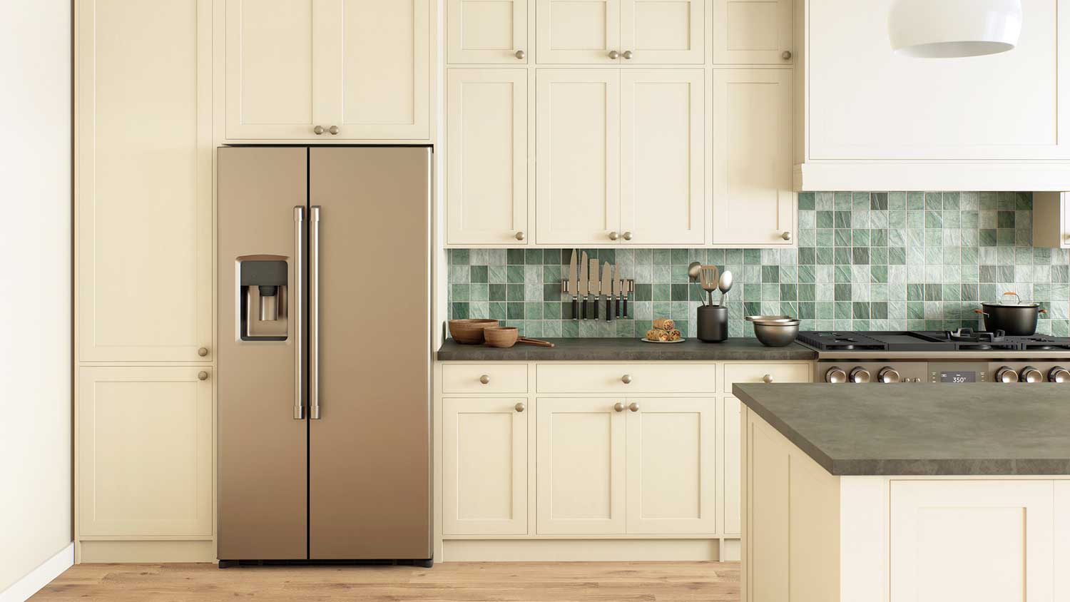 Kitchen with integrated fridge and a green backsplash