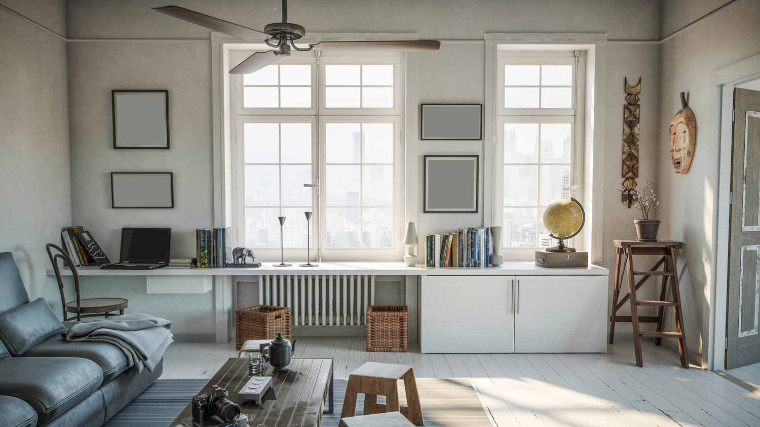 The interior of a living room with a ceiling fan