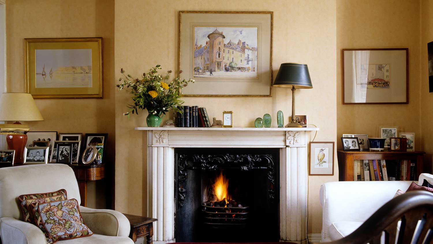 The interior of a living room with a fireplace