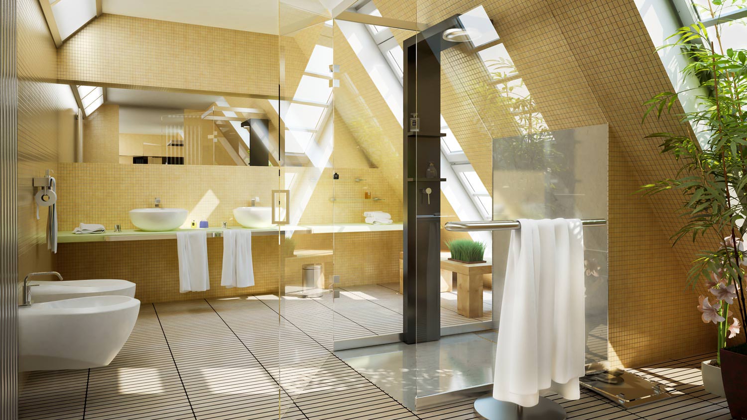 The interior of a modern bathroom with tiled flooring
