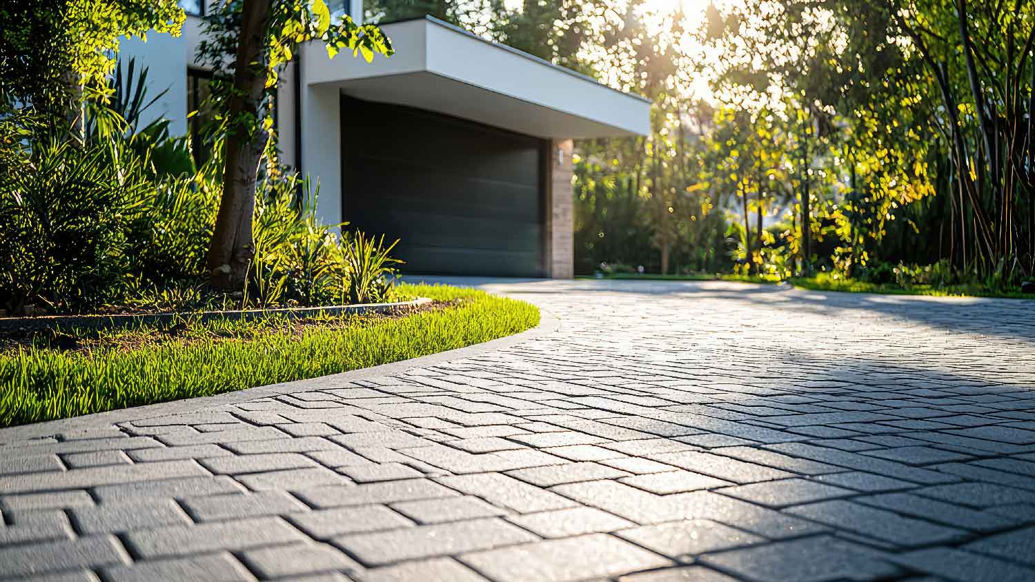 Interlocking pavers leading to a modern house