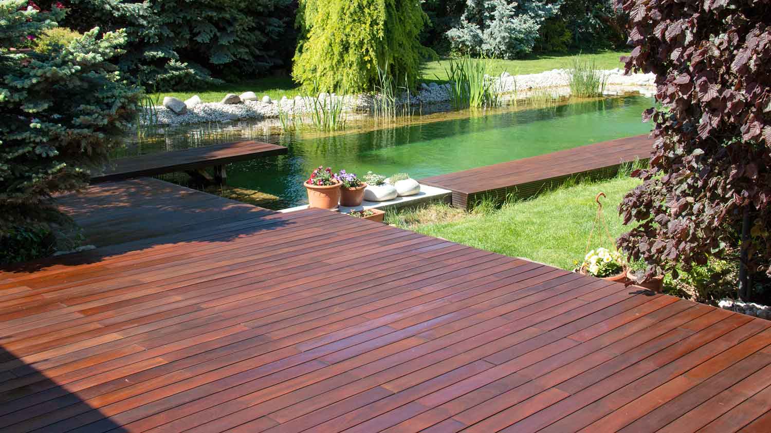 Ipe wood deck installed by a natural swimming pool