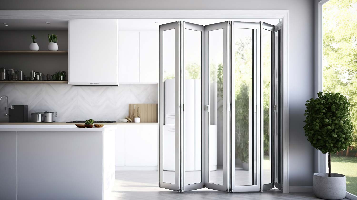 A kitchen with an accordion door