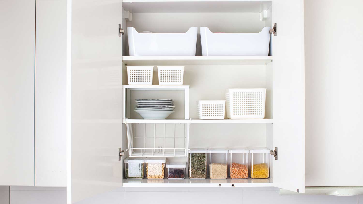 Shelves and canisters in the kitchen cabinet