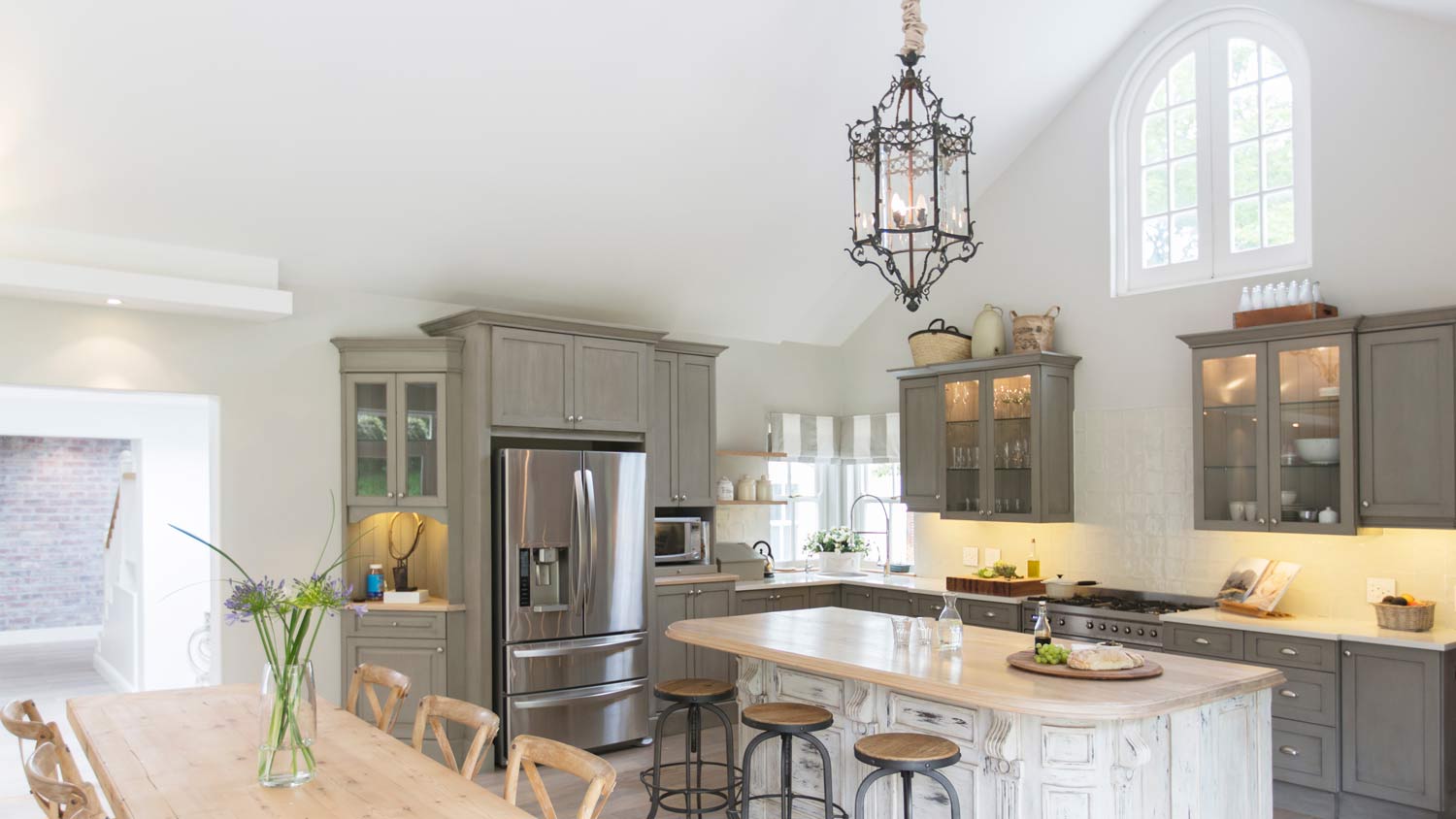 gothic chandelier in large luxury kitchen