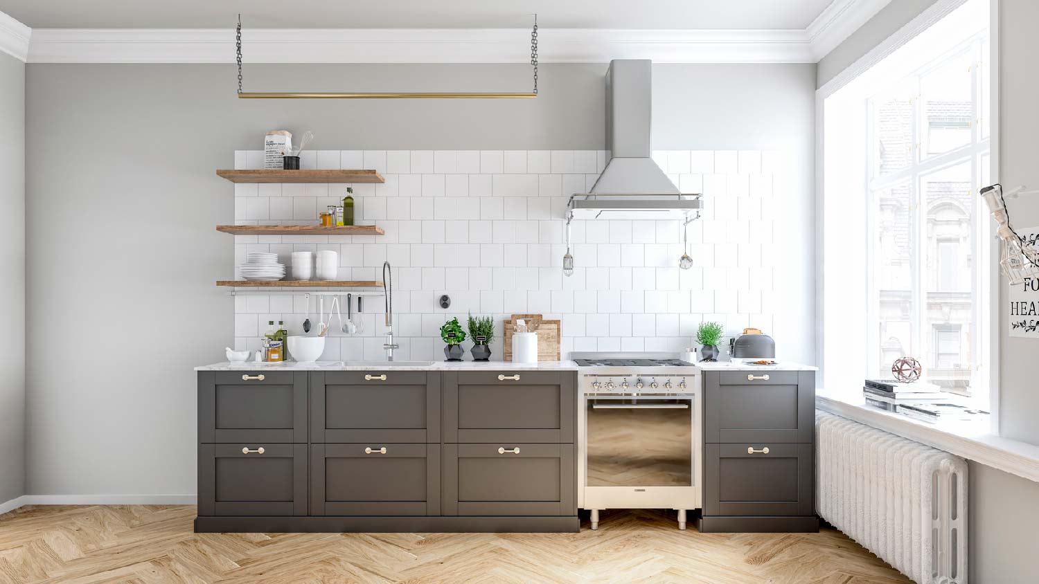 A kitchen with a freestanding range