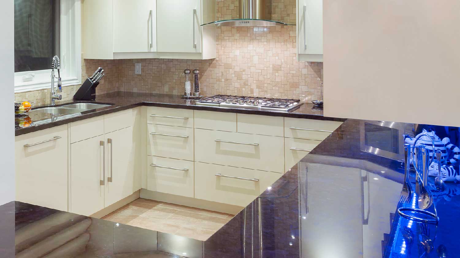 A kitchen with lava stone countertop