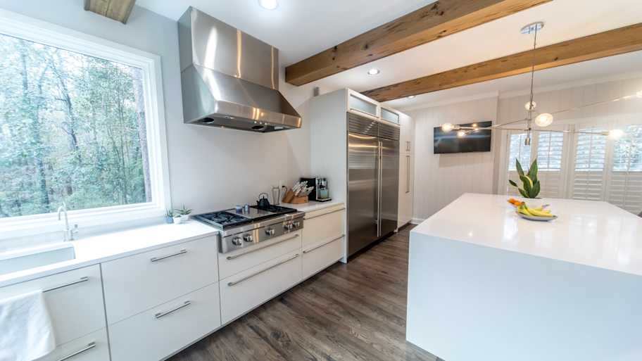 large modern kitchen with lvp flooring