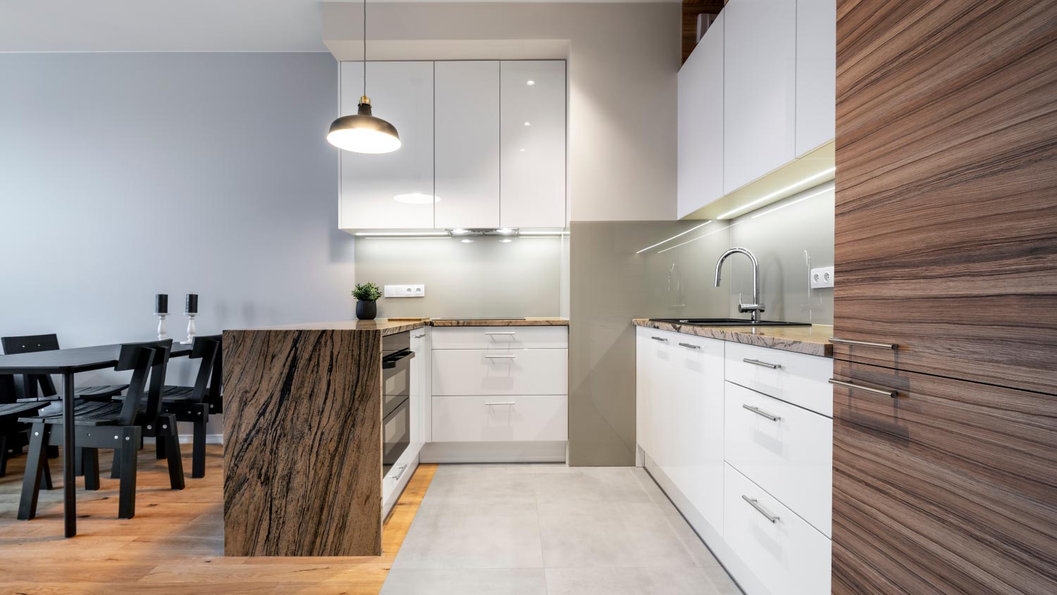 A kitchen with melamine cabinets