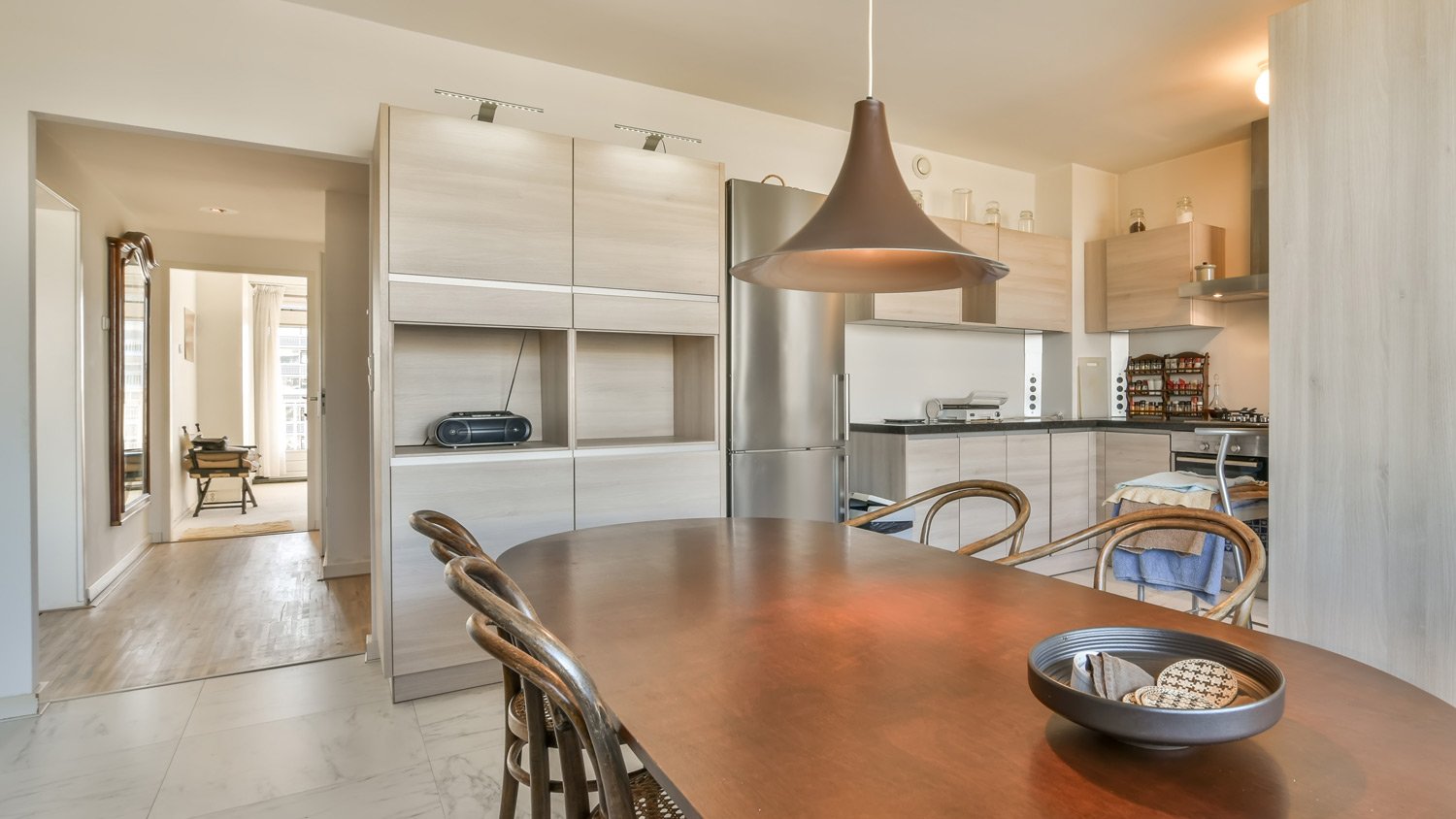 Interior of kitchen with dining zone