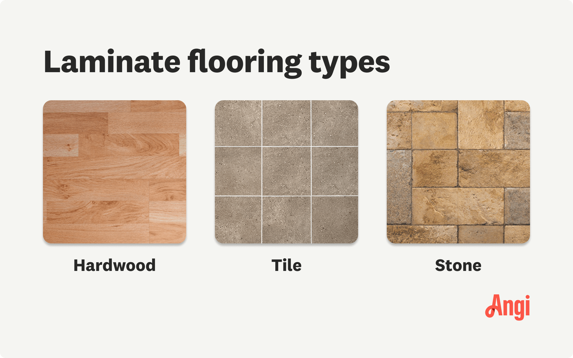 3 laminate flooring types compared visually, including hardwood, tile, and stone