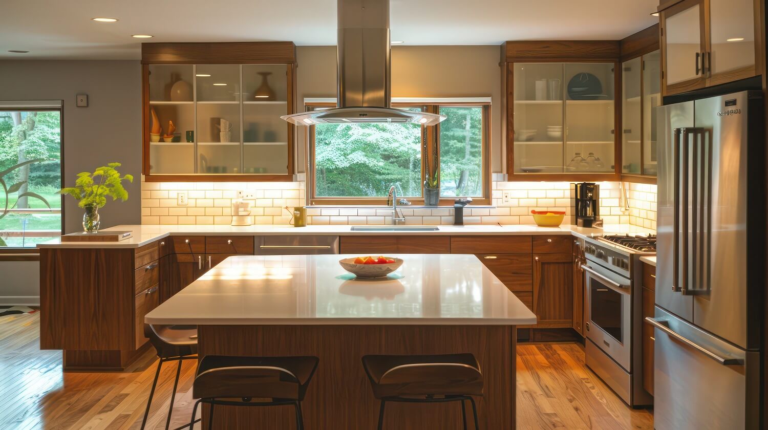 Mid-century modern suburban kitchen with a laminate countertop and custom cabinetry