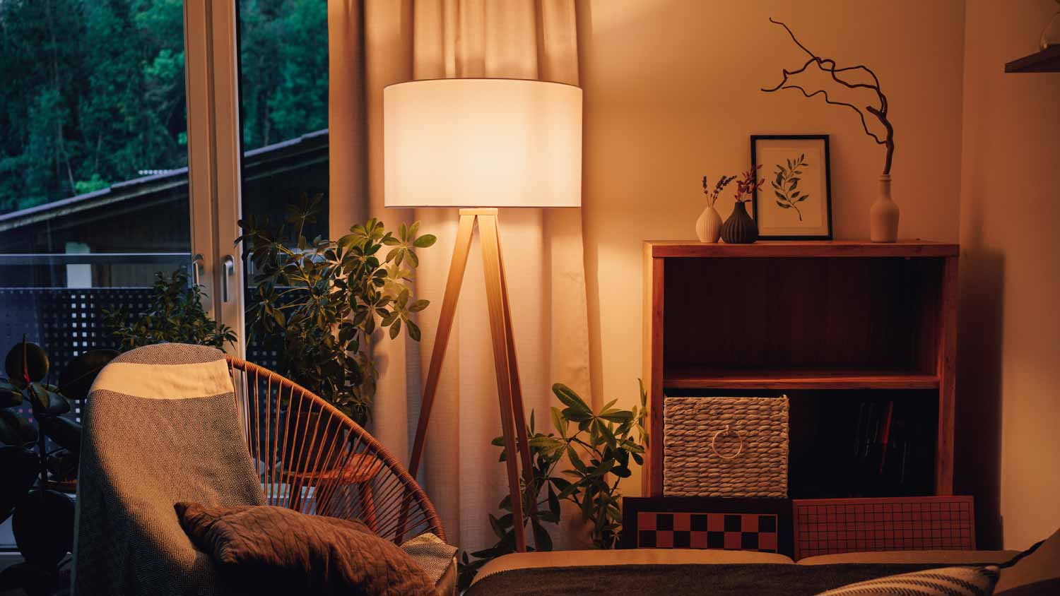 A lamp in a cozy living room