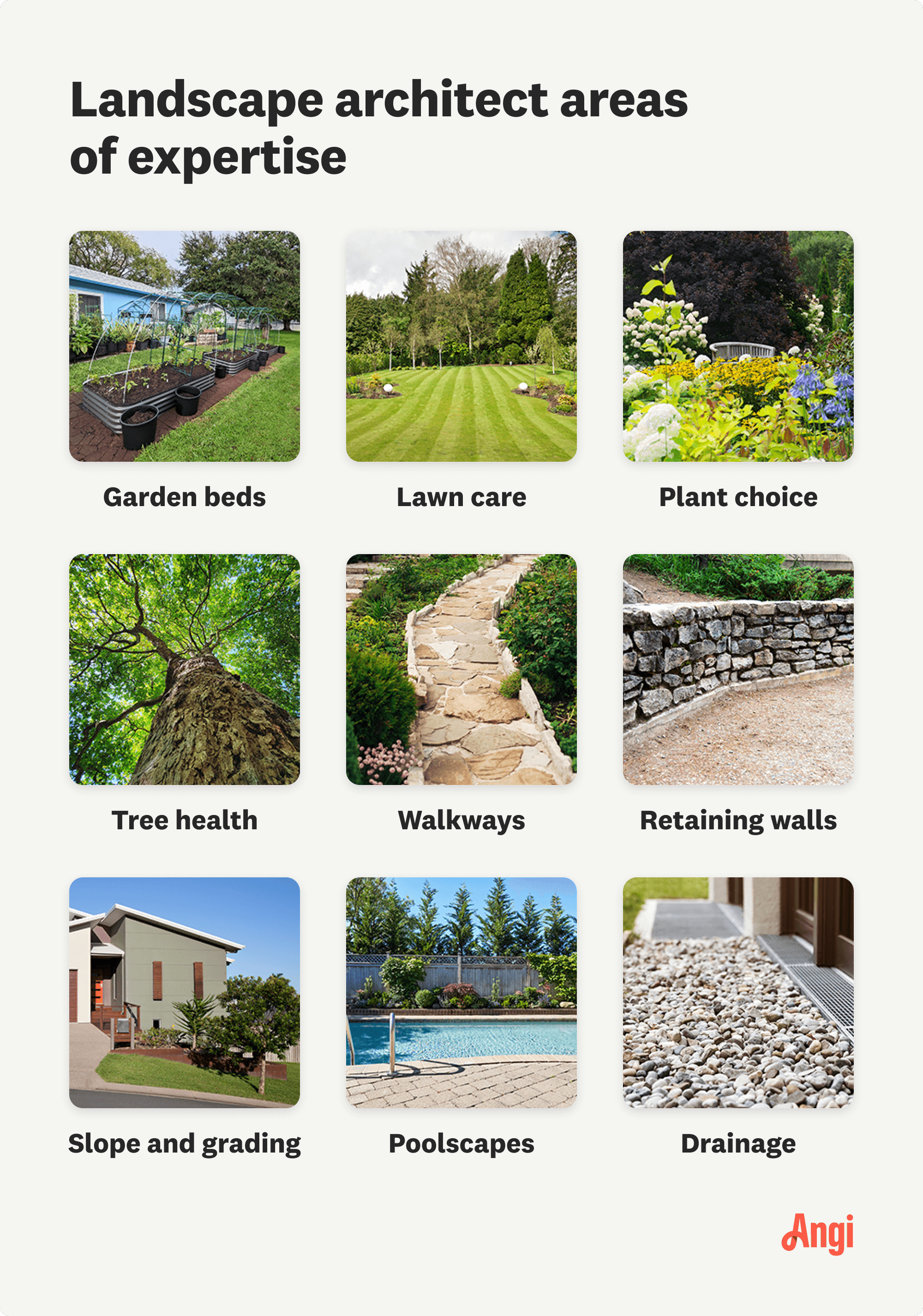 9 areas of expertise for landscape architects compared visually, including garden beds, walkways, and poolscapes