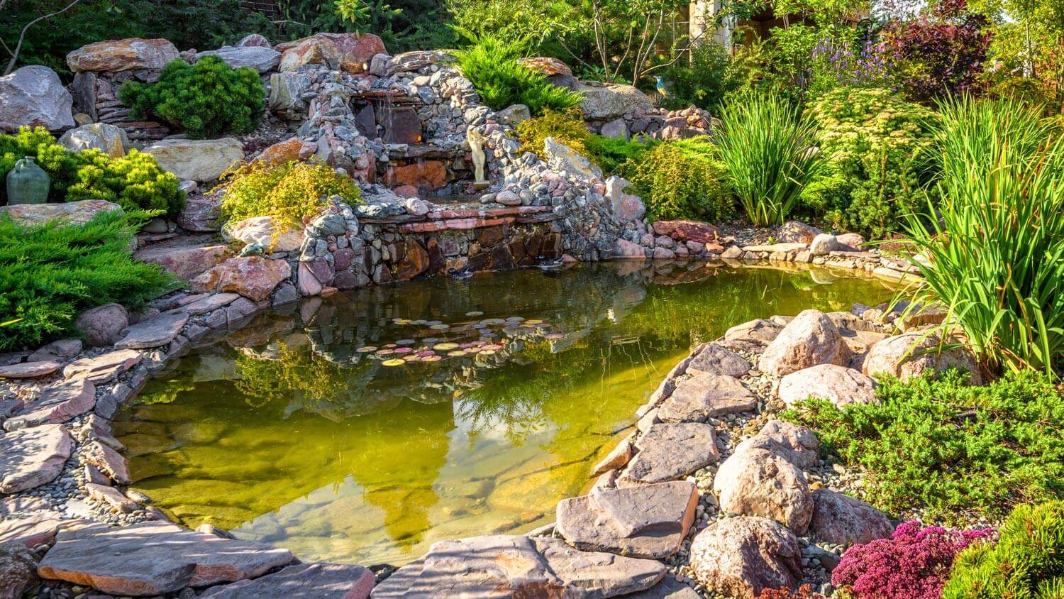 A landscaped garden with a pond and a small waterfall