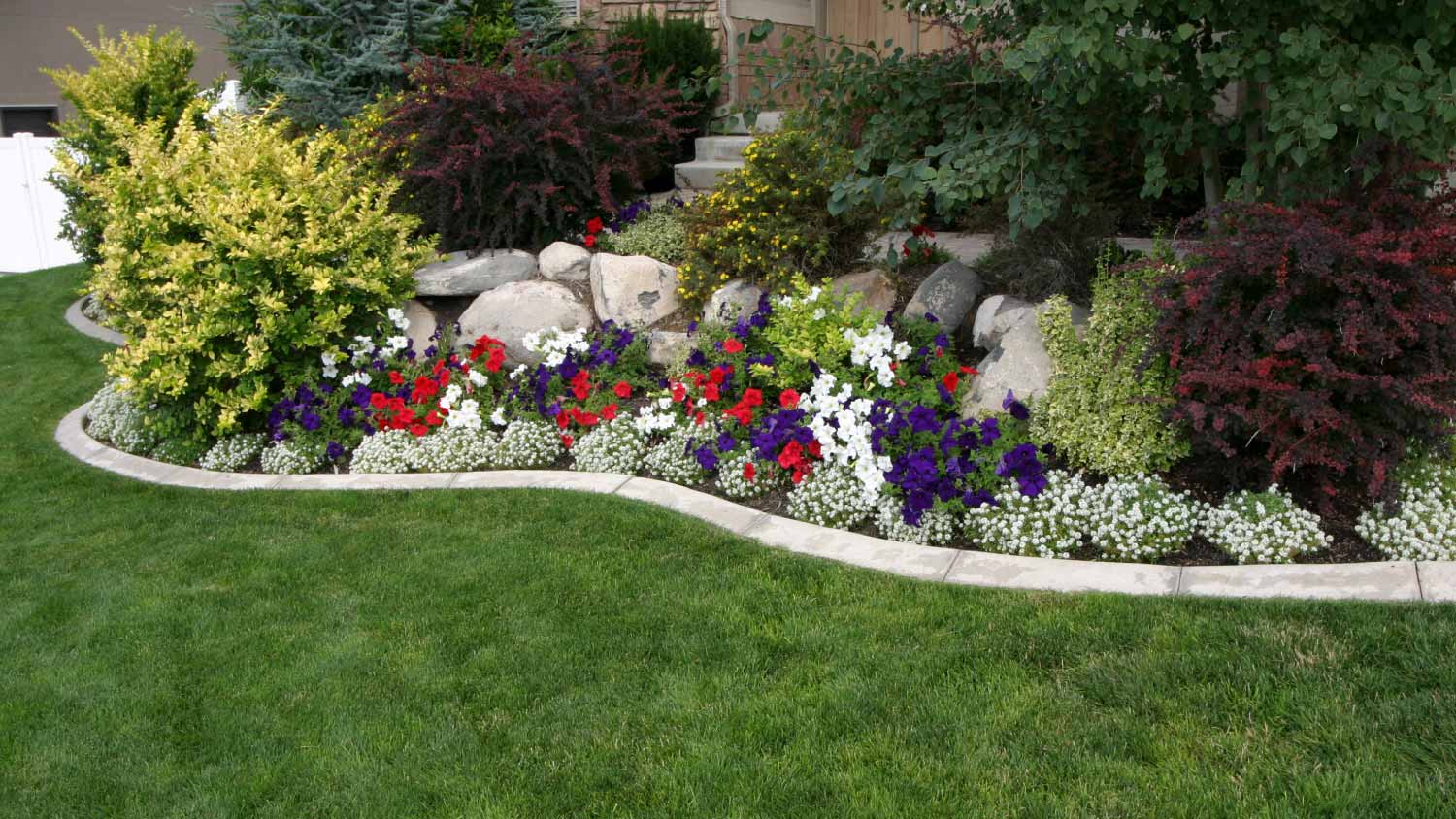 A landscaped yard with flowers