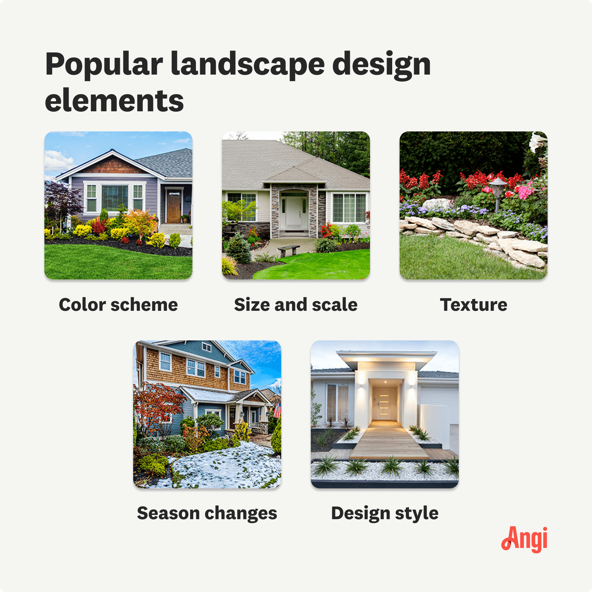 5 popular landscape design elements, including color scheme, texture, and seasonal changes