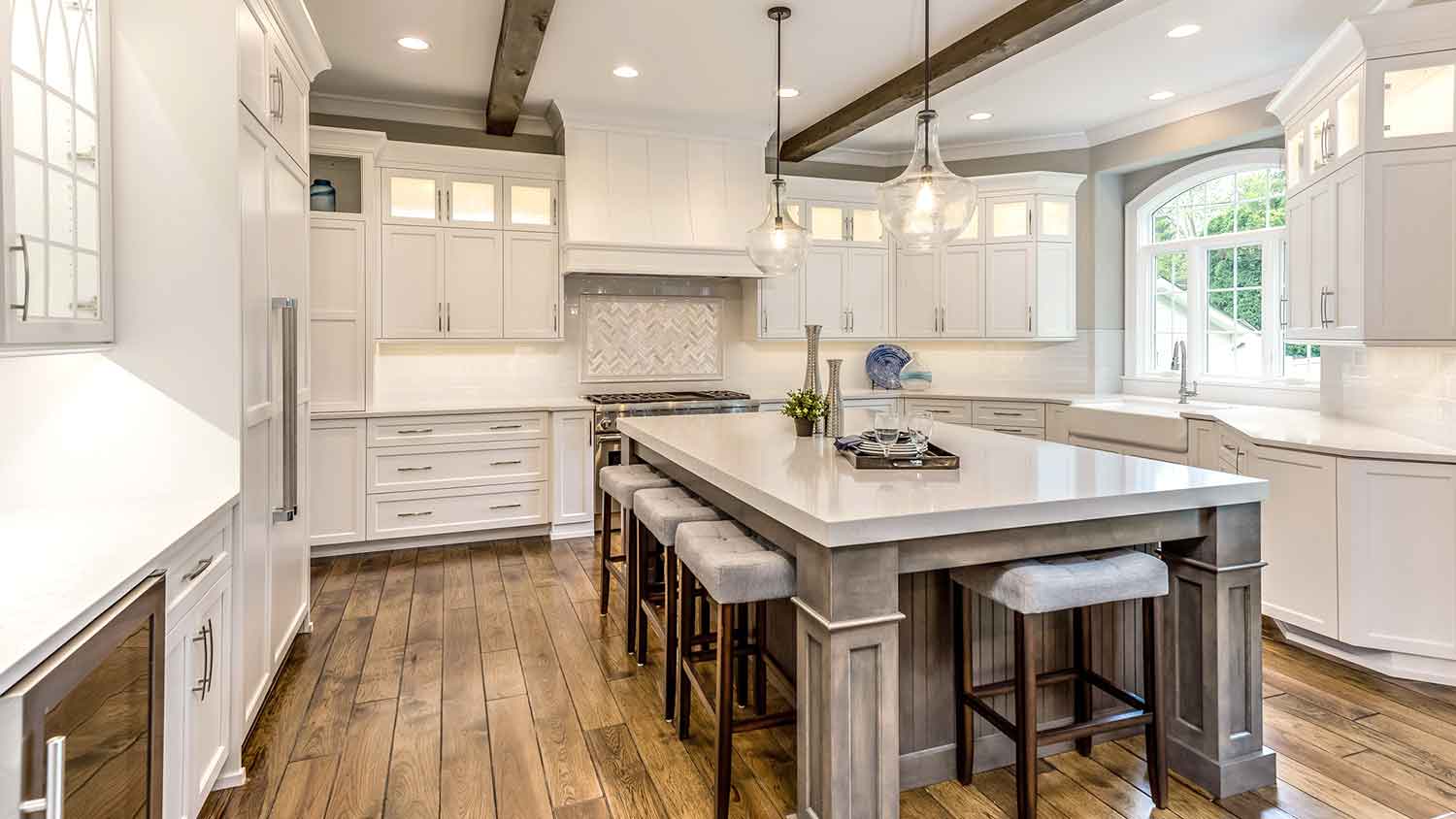 Large kitchen with concrete countertop