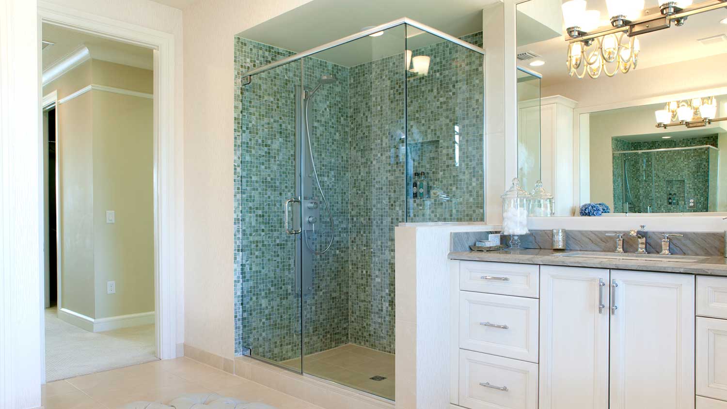 Large bathroom with tiled shower stall