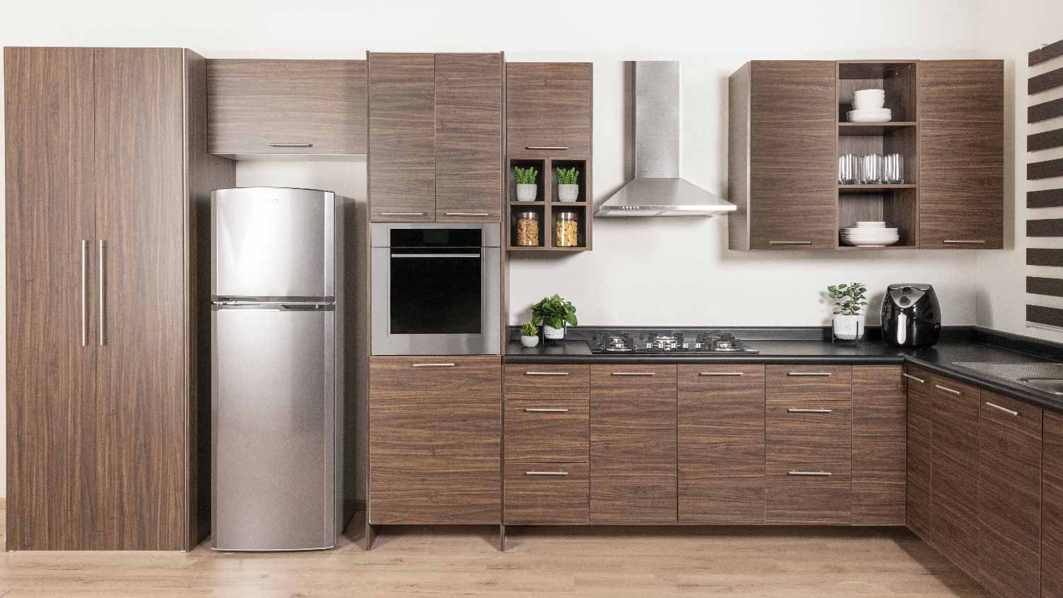 A large and modern kitchen with melamine cabinets