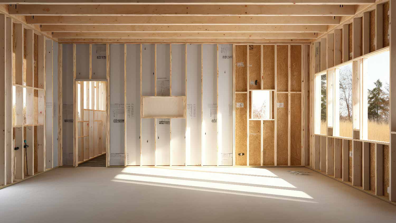 A large room in a construction site with wood studs on the wall