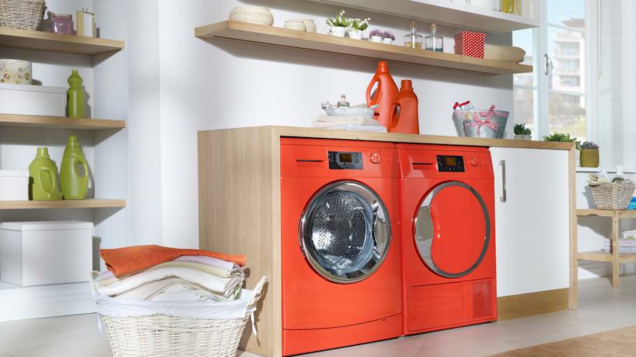 A laundry room with a countertop