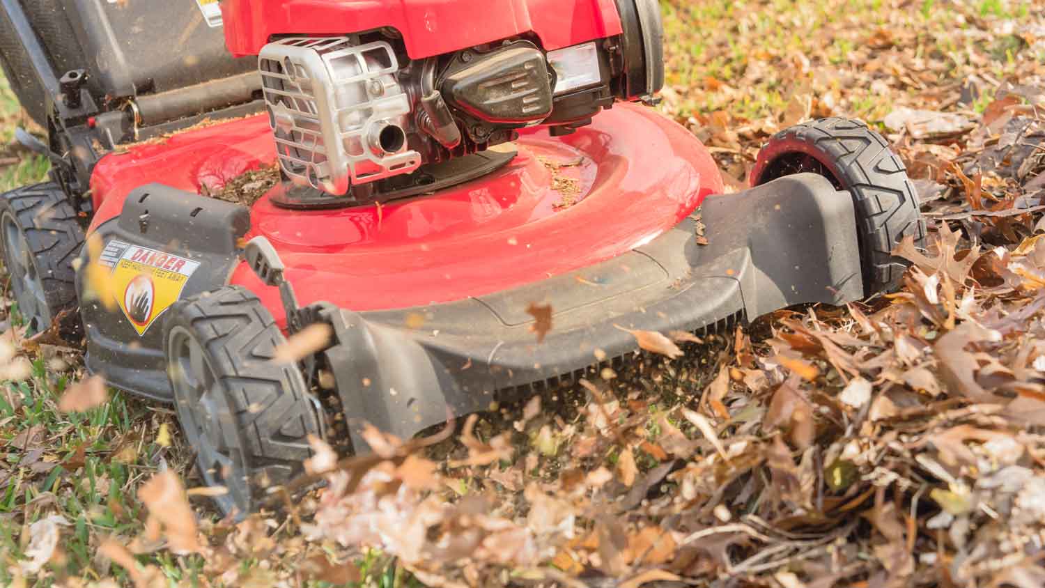 Close-up of a lawn mower mulching leaves