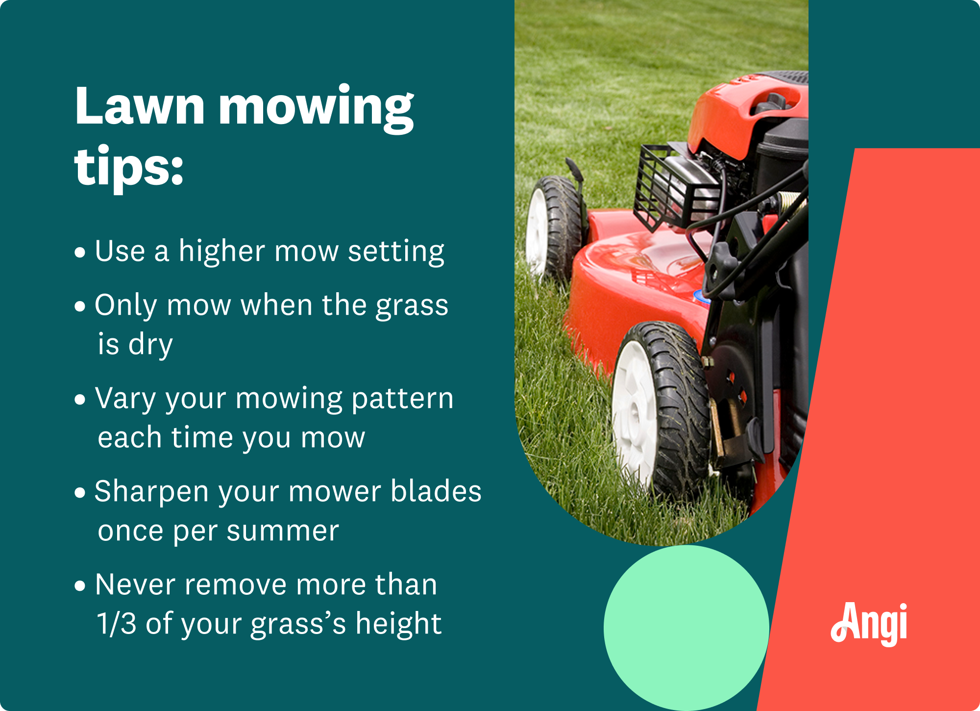 5 lawn mowing tips, including only mowing when the grass is dry