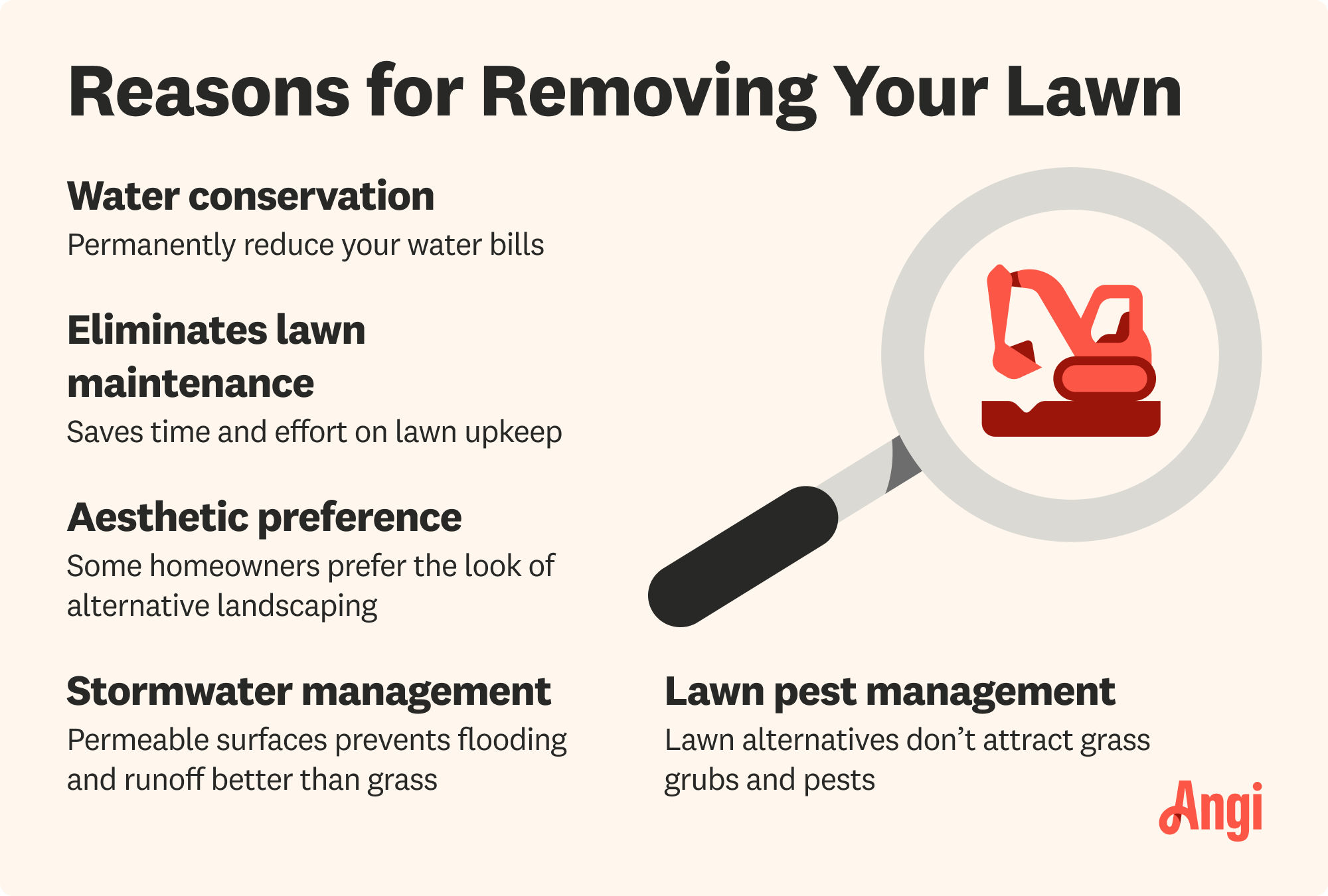 5 lawn removal reasons, including water conservation, aesthetic preference, and lawn pest management