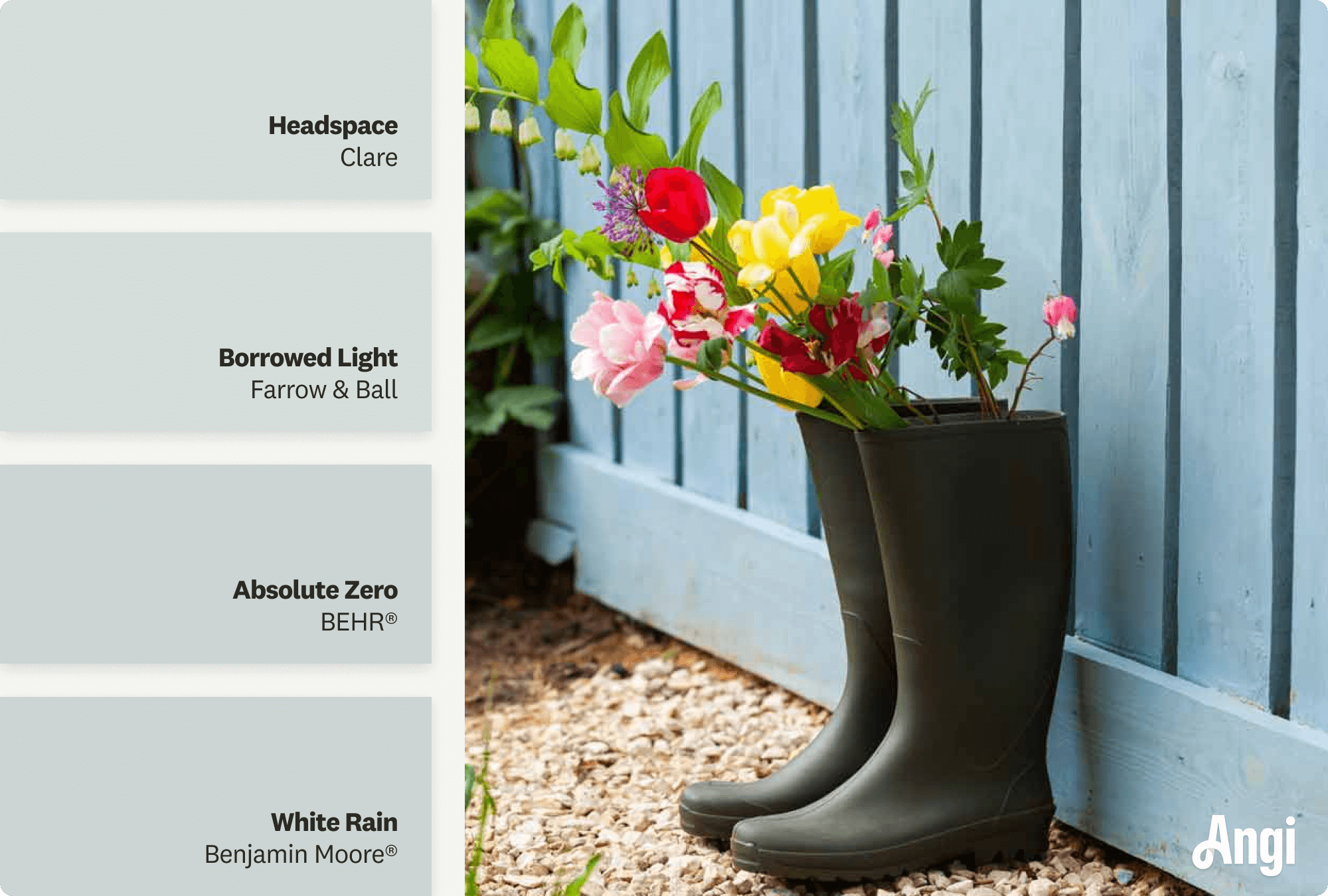 Boots in front of light blue wooden fence, including different tones of light blue paint