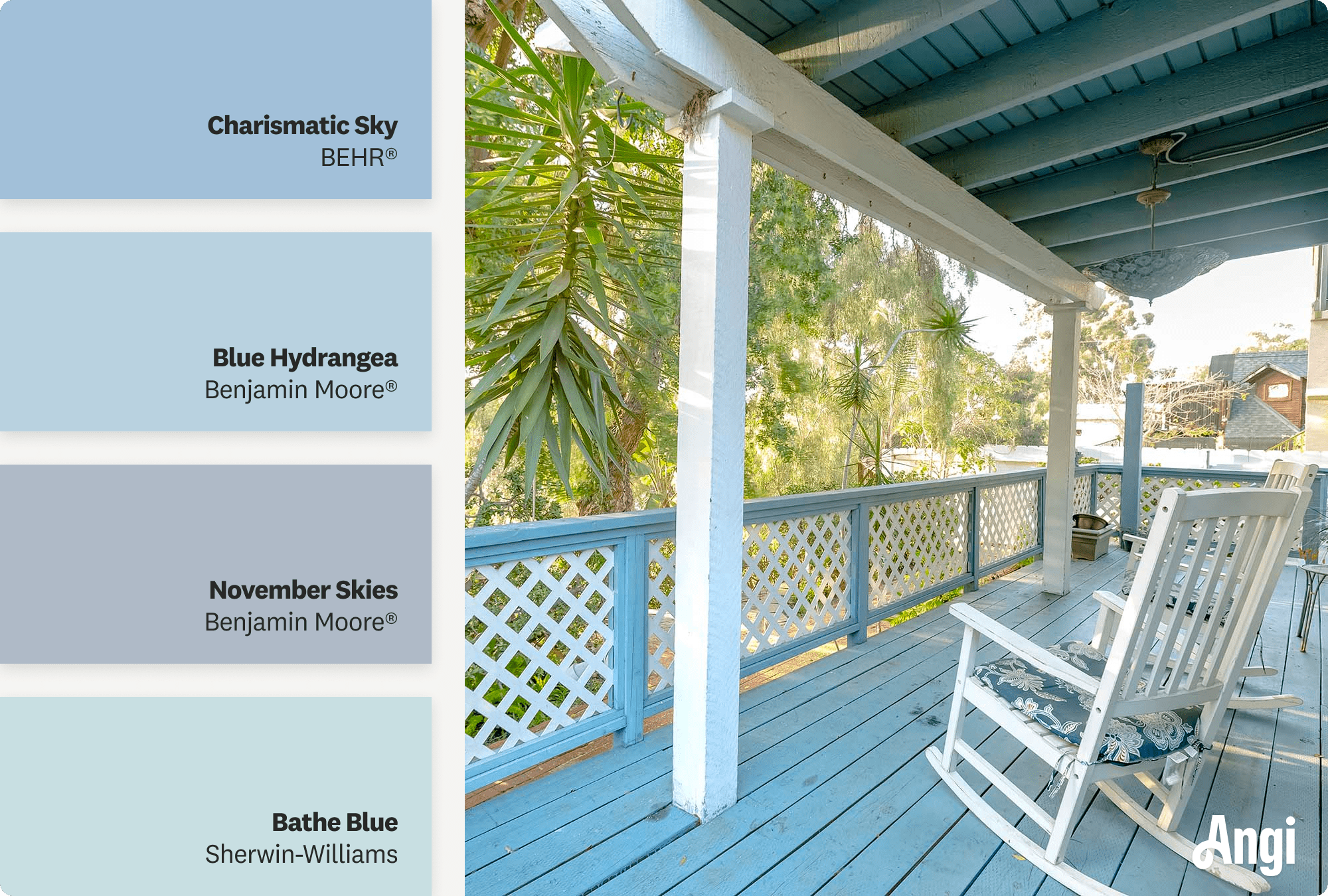 A light blue porch with rocking chair, including different tones of light blue paint