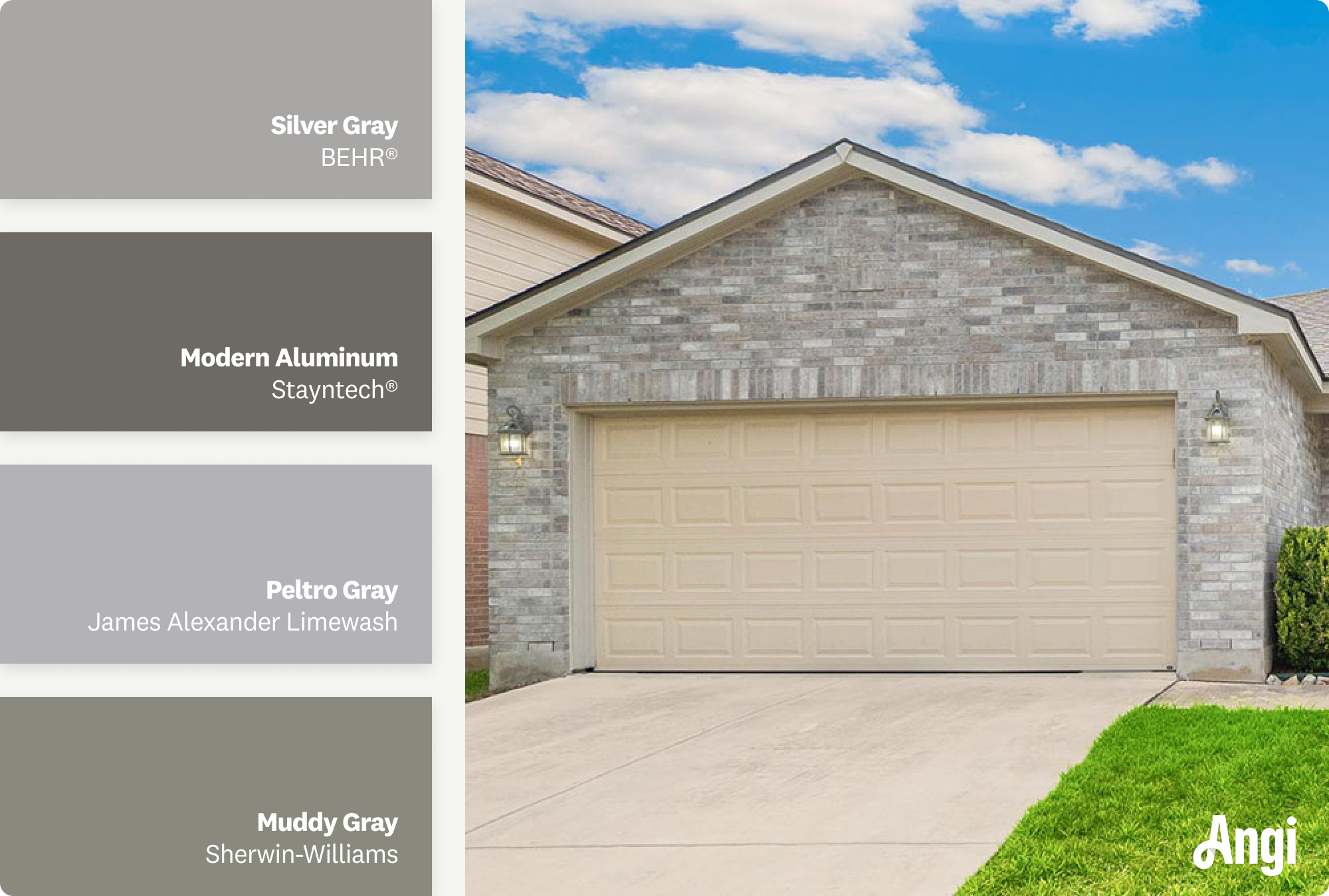 Light gray brick garage, including different tones of light gray stain