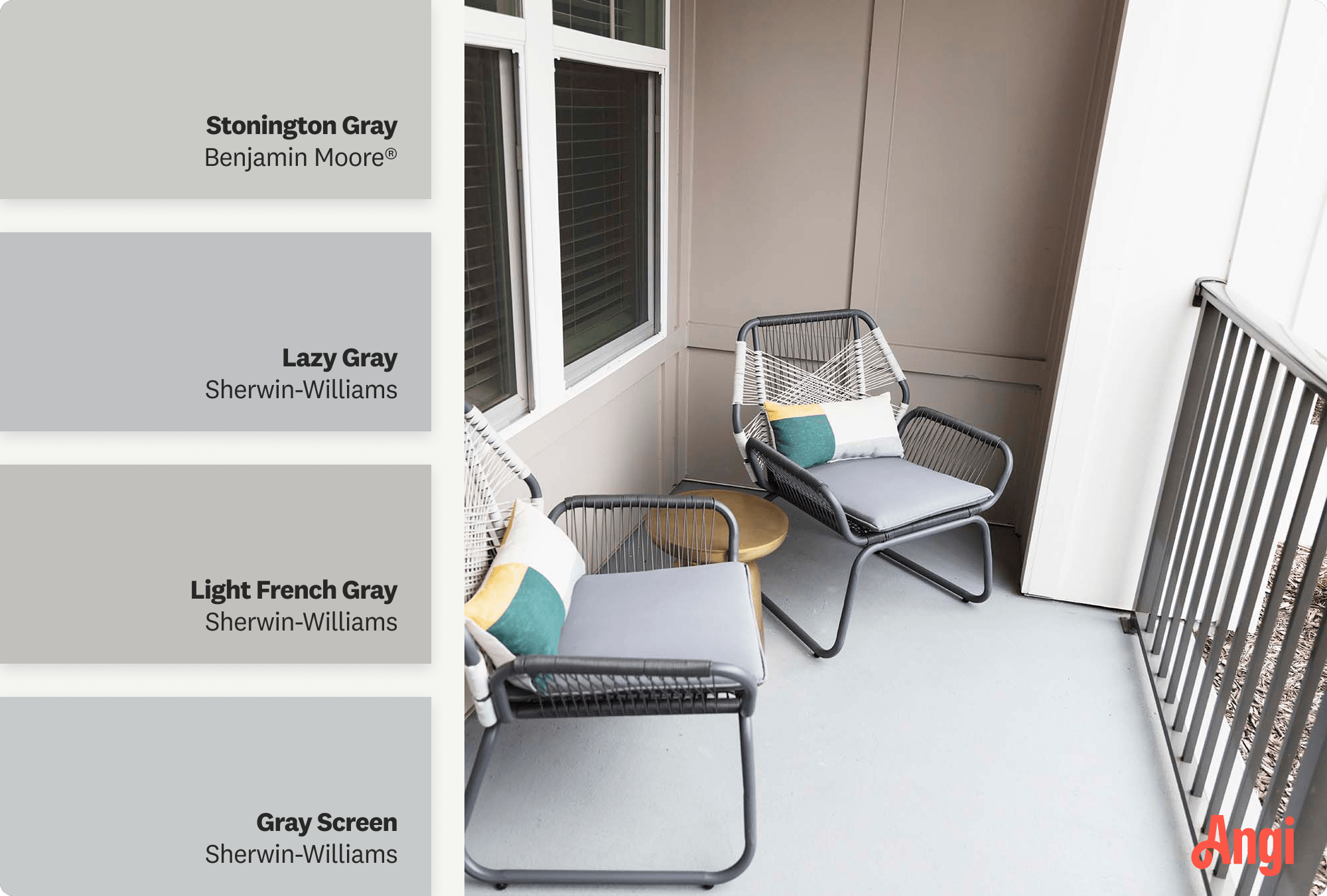 A light gray porch with a table and chairs, including different tones of light gray paint