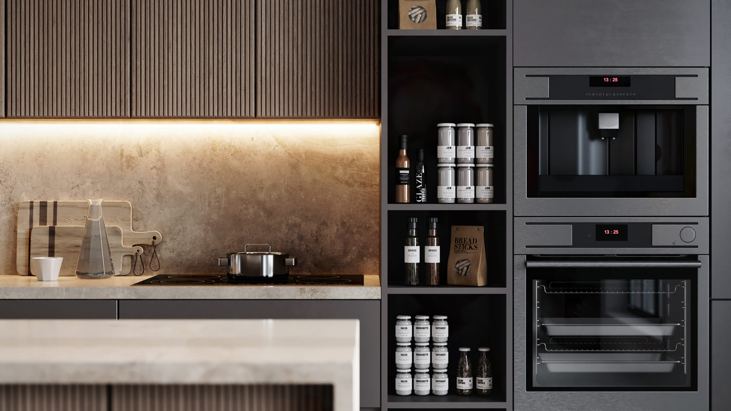 A light strip applied under kitchen cabinetry