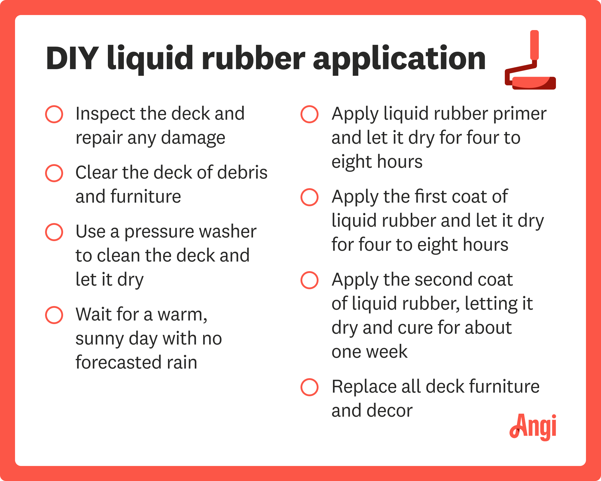 8 step checklist for DIY liquid rubber application, including waiting for a warm, sunny day with no forecasted rain