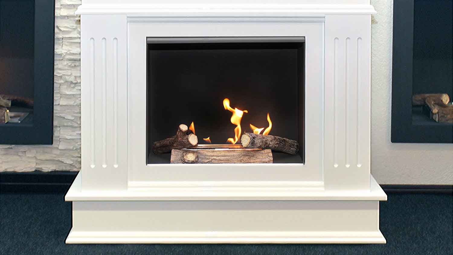 Lit gas fireplace with plastic logs