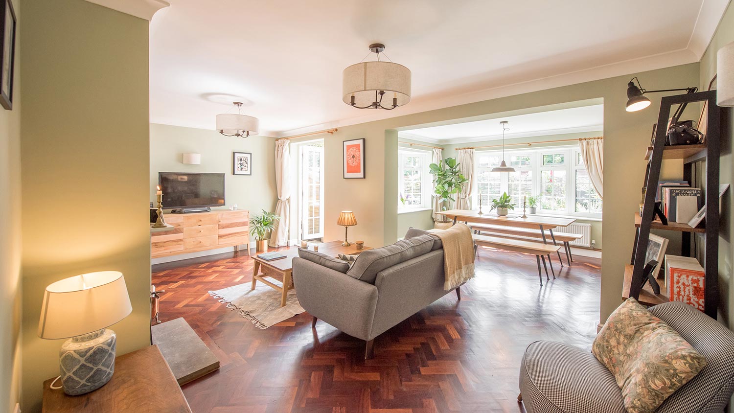 A bright living room / dining room open concept space