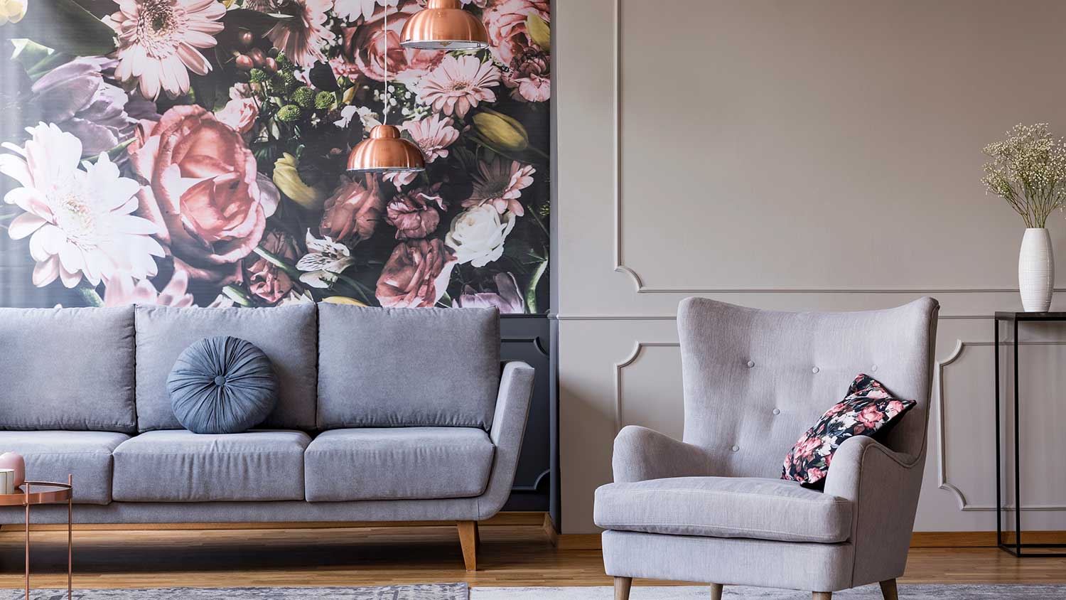 Living room accent wall decorated with floral wall paper