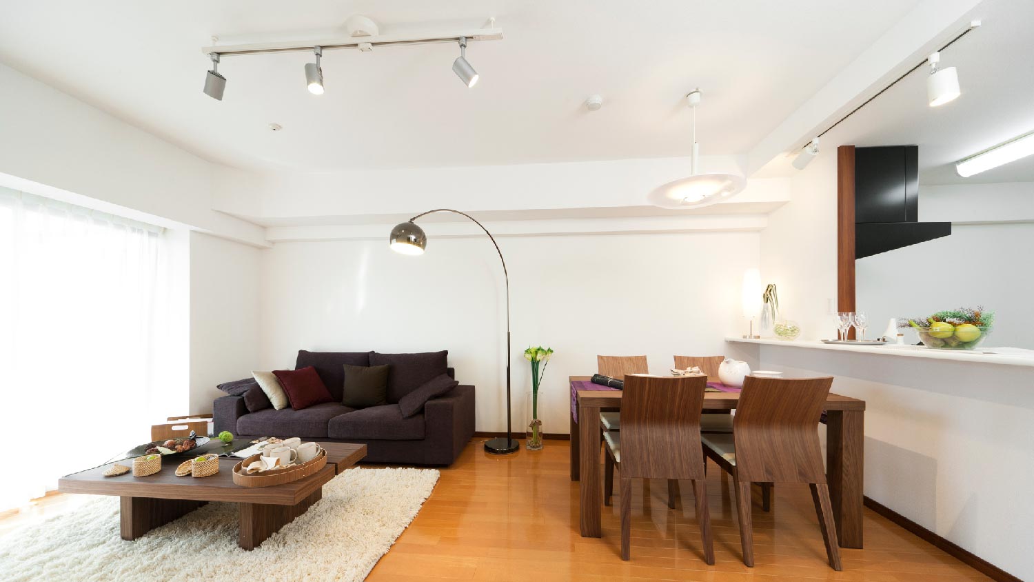 A living room with an adjusting track lighting