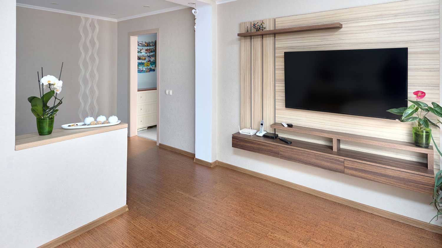 A living room with cork floor