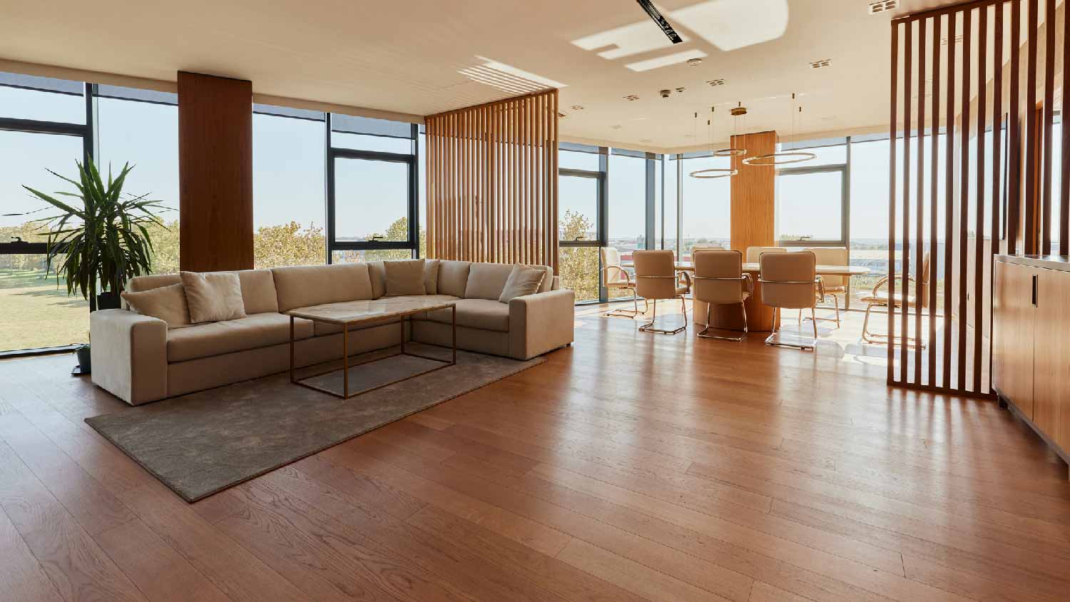 A living room with engineered hardwood floors