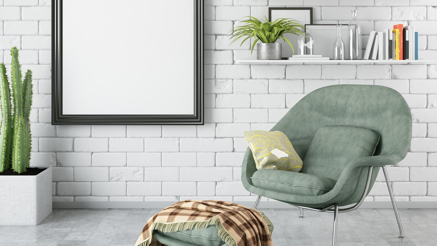 Living room with books and plants on floating shelves